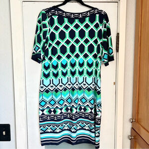 NWT Signature Camryn Dress Geometric Turquoise Navy Green Sheath Petite Size 14P